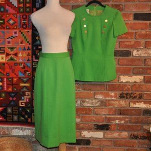 Vintage 70s Separates 2 pc Green Wool Suit, Skirt & Top Peplum, Metal BUTTONS 8